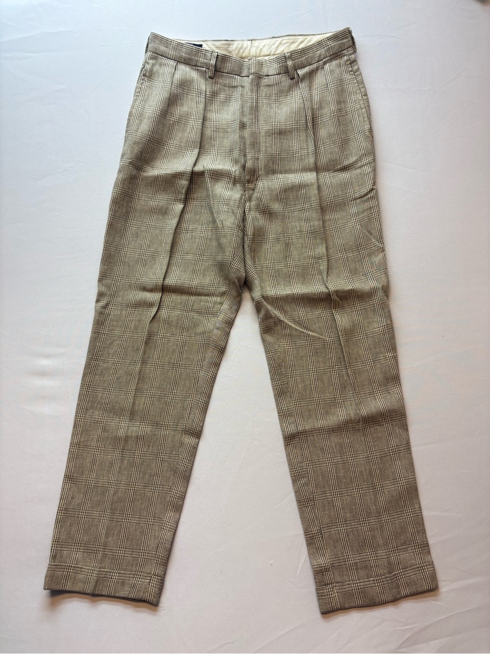 Vtg Polo Ralph Lauren 36x32 Glen Plaid Trousers Double Pleated Cuffed Linen USA